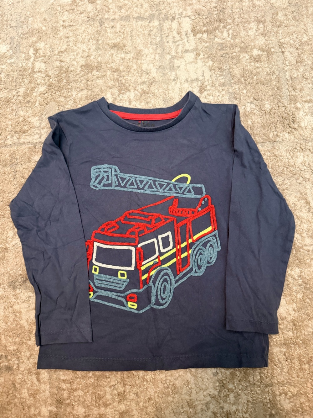 Mini Boden Navy Long-Sleeve Tee with Red Fire Truck embroidered size 5/6